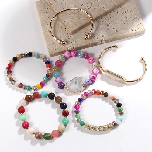 Yomisa 5PCS 6PCS Natural Boho Beaded Bracelets/Bangle for Women Men,Healing Turquoise Jasper Agate Crystal Gemstone Stone Chakra Multilayer Wrap Bohemian Handmade Jewelry Beads Stretch Bracelet Set - color: 6PCS-Colorful