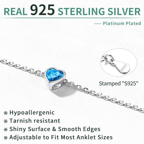 ChicSilver 925 Sterling Silver Anklets for Women, Simple Dainty Round/Heart Birthstone Ankle Bracelet Beach Foot Jewelry, 8.7-10.7 Inch Adjustable - color: 12. Heart - December(Blue Topaz)