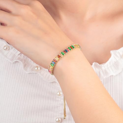CiNily Adjustable Tennis Bracelets for Women Teen Girls Rainbow Cubic Zirconia Bracelet 14K White Gold Plated Hypoallergenic Slider Bracelet Jewelry Gift - color: Adjustable-Square Yellow Gold