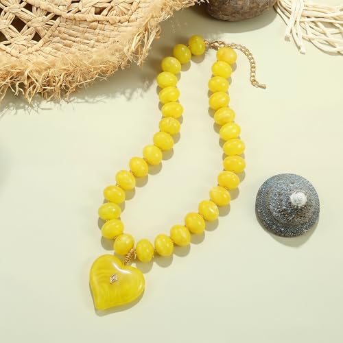 Elegance 11 designs Chunky Heart Necklace for Women, Colorful Acrylic Beaded Statement Puff Heart Necklace, Cute Boho Y2K Choker Necklace for Gift Jewelry - color: Yellow