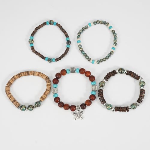 COLORFUL BLING Boho Turquoise Wooden Beaded Stretch Bracelets Stackable Turtle Butterfly Elephant Shell Heart Charms Bracelet for Women Men Western Jewelry Gifts - style: Set 5