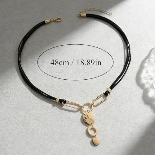 Trendy Retro 14k Gold Round Coin Disc Black Rope Necklace for Women, Vintage Chunky Long Coins Paperclip Drop Y Necklaces Prom Y2k Party Jewelry Gifts
