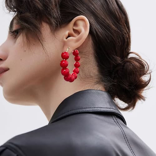 Summer Candy Colored Bead Earrings Lightweight Dainty Acrylic Geometry Hoop Earrings for Women Cute Boho Chic Handmade Jewelry - color: Red