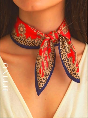 100% Mulberry Silk Scarf for Women Hair Lightweight Square Neckerchief Wrap For Head Scarves 21" - color: 12-red Leopard /21"*21"