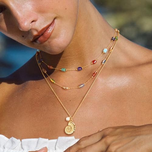 MTMY Beaded Necklaces for Women 14K Gold Plated Dainty Colorful Green/Rose Beaded Pearl Choker Necklace Delicate Boho Choker Necklace Jewelry Gift - style: mixed color cube