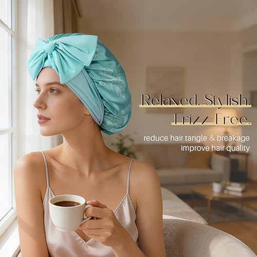 ZIMASILK 100% Mulberry Silk Bonnet for Sleeping Women Long Hair Double Layer Silk Hair Wrap with Tie Band Stay On Head (1Pc, Mint Green) - color: Mint Green-clover Crest