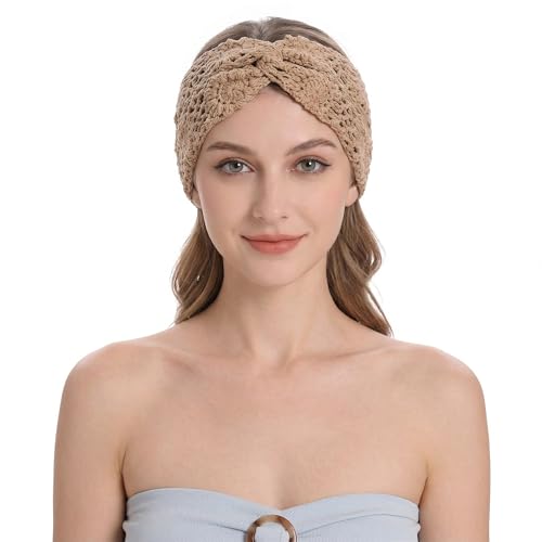 ZLYC Women Headband Handmade Crochet Knit Boho Flower Hair Bands (Twist Knotted Khaki) - color: Twist Knotted Khaki