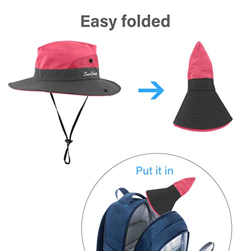 3 Pieces Womens Ponytail Wide Brim Sun Hat Packable UV Protection Beach Cap for Fishing & Hiking - color: Purple＆watermelon Red＆sky Blue