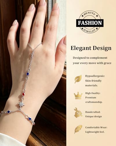 Silver Gold Ring Hand Chain Bracelet for Women non Tarnish Star Dainty Bracelets Hand Chain Ring Stackable Chains Bracelet - color: red&blue