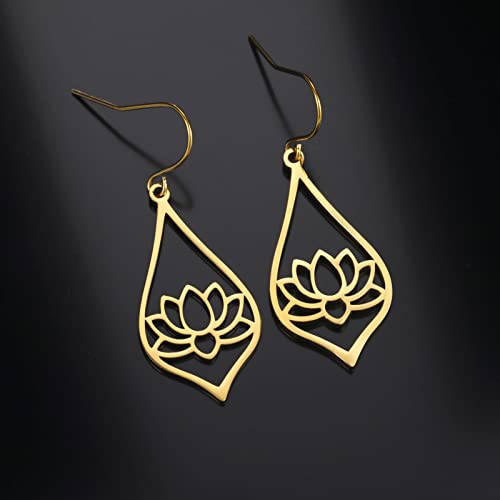TEAMER Stainless Steel Lotus Flower Dangle Earrings Bohemian Drop Earring Unique Geometric Jewelry for Women - color: Lotus 3-Gold