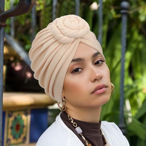 DRESHOW 5 Pack Knotted Headwraps for Women African Turban Pre-Knotted Beanie Headwraps Hair Covers - color: 5 Pcs Donut Flower: Red, Beige, Black, Brown, Light Gray