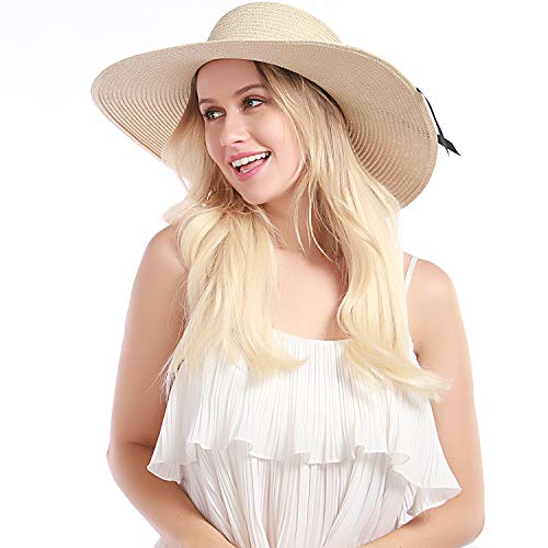 Double Couple Womens Straw Hat Wide Brim Floppy Beach Sun Hat for Women UPF 50+ Adjustable Strap Vacation - color: Bowknot&light Khaki