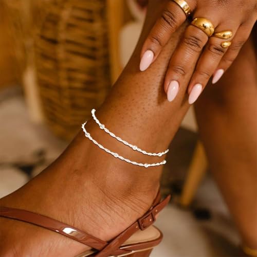 Yalice 925 Silver Ankle Bracelets Chain for Women Dainty 14K Gold Plated Waterproof Beads Anklets Layered Beach Foot Jewelry Gift - color: Silver-Satellite Chain
