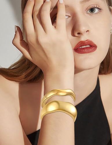 Akeoqi 3Pcs Chunky Gold Bangles Bracelets for Women 14K Gold Plated Irregular Hinged Cuff Bracelets Set Trendy Minimalist Wide Wire Twist Open Stack Bracelet Jewelry Gift - style: Bangle-3