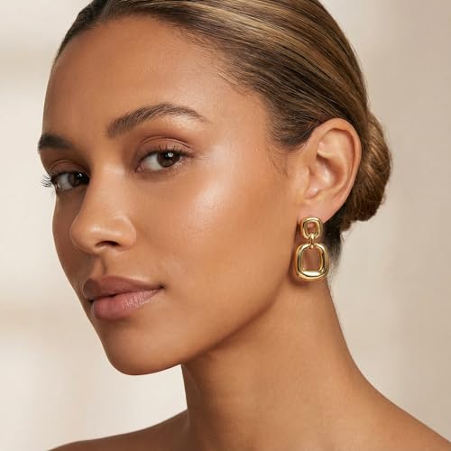 MUYAN Gold Silver Geometric Drop Dangle Earrings for Women Brushed Link Square Dangle Earrings Trendy Jewelry - color: D Gold