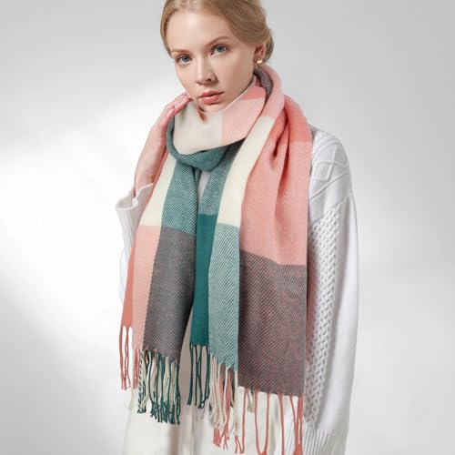Loritta Womens Scarf Fashion Long Plaid Shawls Wraps Big Grid Winter Warm Lattice Large Scarves Gifts - color: B-pink Green Lattice