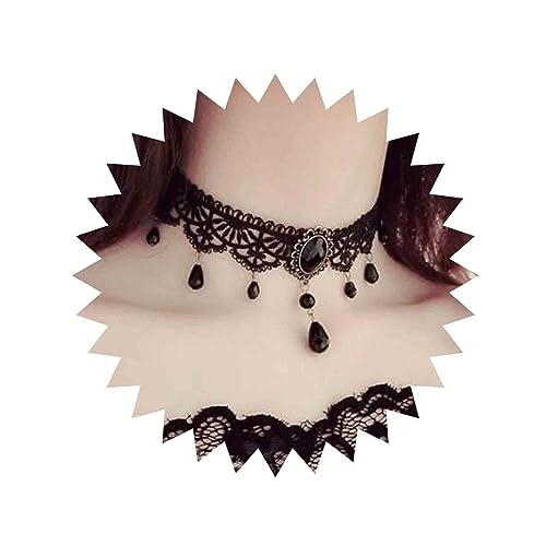 Boho Black Crystal Lace Choker Necklace Tassel Black Teardrop Necklace Choker Gothic Droplet Rhinestone Collar Necklace Retro Vintage Necklace Chain Jewelry for Women and Girls(Black A) - color: Black F
