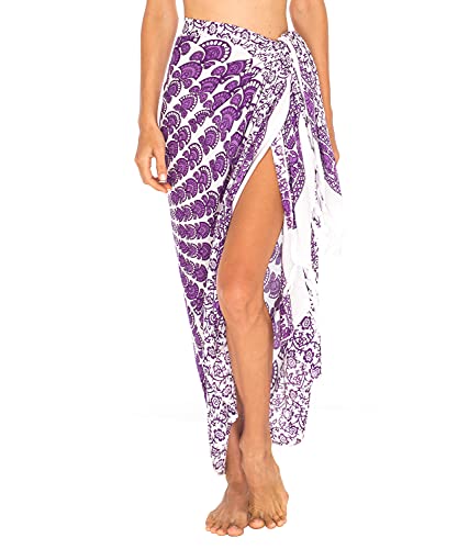 SHU-SHI Sarong Wraps for Women Long Beach Cover ups Pareo Bathing Suit Wrap Skirt Mandala Sarongs Coverup - color: Purple/White