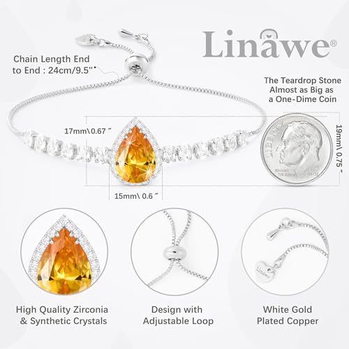 Linawe Crystal Imitation Diamond Rhinestone Charm Bracelets for Women, Gold/Silver/Rose Gold Adjustable Chain Bracelet, Teardrop Birthstone Cubic Zirconia Prom Costume Wedding Jewelry - color: Silver,Nov