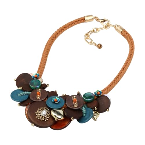 Chunky Statement Wood Pendant Necklace for Women Rope Braided Colorful Resin Stone Tribal Ethnic Bold Boho Fashion Jewelry - color: N1540-colorful