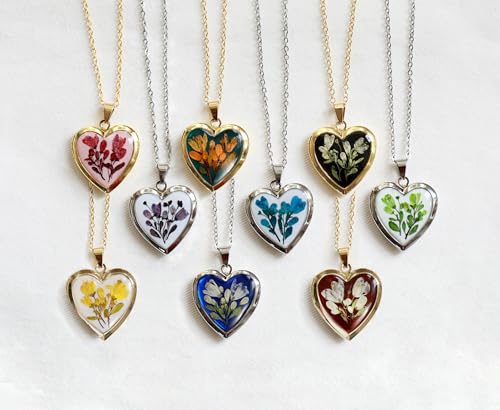 Handmade Dried Pressed Flower Heart Shaped Photo Locket Pendant Necklace - color: Gold, style: Yellow Flower on White