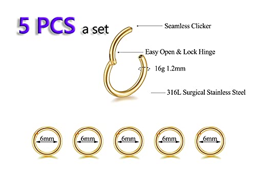 5Pcs 16G 18G Surgical Steel Nose Rings Hoop Tragus Septum Cartilage Hoop Earrings For Women Men Body Piercing Jewelry Kit Bar Length 6mm/8mm/10mm/12mm/14mm - style: 5Pcs -16G - Gold - 6mm