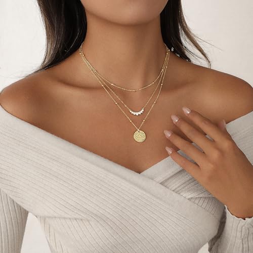 Layered Gold Necklace for Women Trendy 14K Gold Plated Heart CZ Pendant Layered Gold Necklaces Set Coin Choker Necklaces Simple Circle Cubic Zirconia Pearl Necklace Stack Herringbone Paperclip Chain Jewelry Set - style: 3PCS-Zircon round pendant-GD