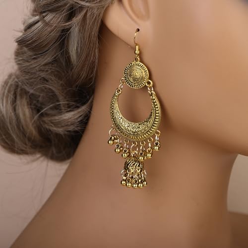 Bohemian Vintage Silver Drop Dangle Earrings Geometric Round Moon Beads Tassel Statement Gypsy Long Dangle Lantern Chandelier Earrings Boho Ear Accessories for Women Party - color: Golden