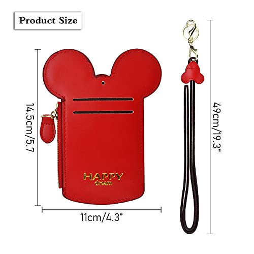 BUUFAN Chic Red Cute Travel PU Leather Student ID Card Holder Lanyard Neck Pouch Bag With Coin Wallet Purse for Students Women Kids Teens Girls - color: RED