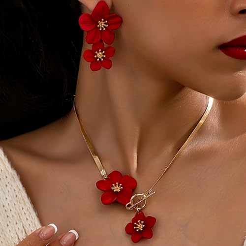 WCRAZYE Gold Flower Earrings Necklace Set for Women Boho Summer Daisy Floral Statement Earrings Brides Wedding Guest Dresses Jewelry - color: Red