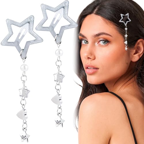 Pndeyo 2pcs Star Tassels Hair Clips for Women, Non-Slip 2000s Y2k Snap Hair Barrettes, Cute Star Beaded Pendant Hair Pin Accessories for Braid Long Short Thin Thick Hair - color: Bling Silver