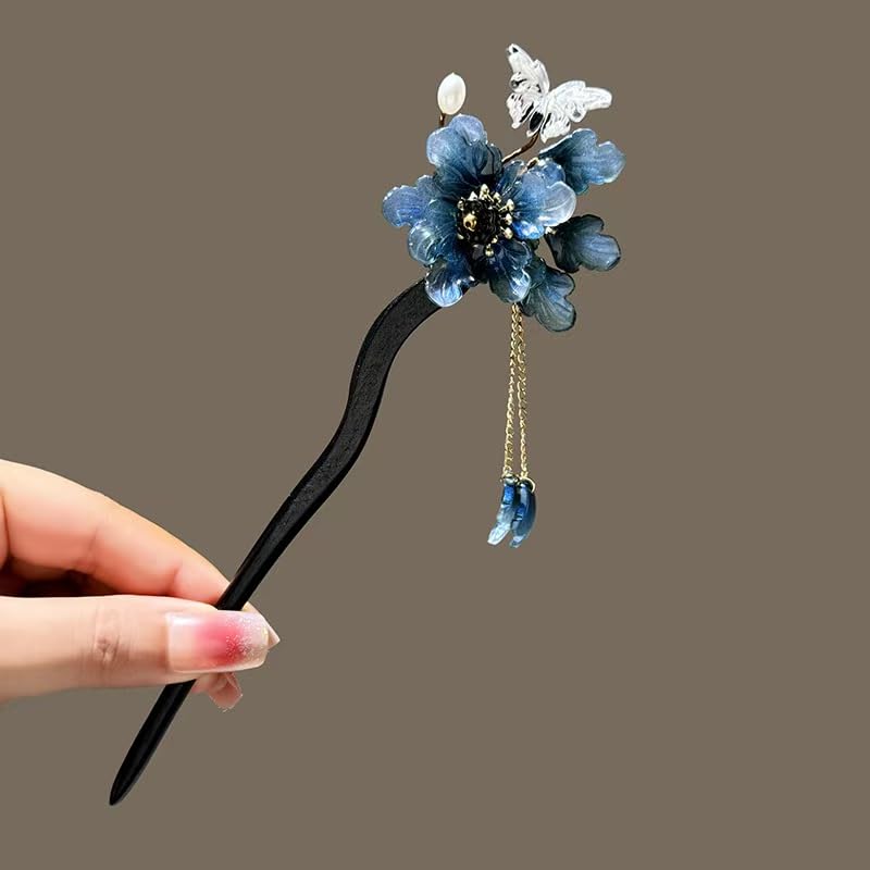 Blue Resin Plum Blossom Hairpin with Wooden Stick & Elegant Tassel - Chinese Hanfu Vintage Hair Accessory for Women, Symbolic Floral Hair Stick (Blue Plum Blossom) - color: Blue Plum Blossom