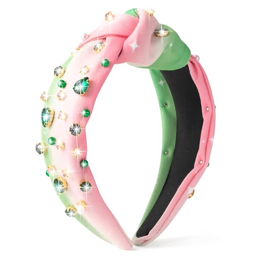PANTIDE Witch Musical Jeweled Knotted Headband - Witch Musical Fans Gift Pearl Crystal Embellished Headband Wide Top Knot Fashion Pink Hairband Accessories Birthday for Women Girls (Green Rhinestone) - color: Pink Green Rhinestone