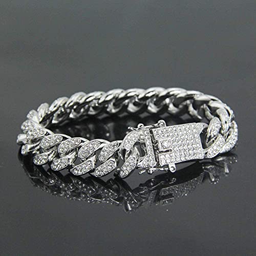 Apzzic Cuban Link Bracelet Iced Out Miami Gold Plated Hip Hop Full CZ Prong Diamond Bracelet with Giftbox Cuban Link Anklets for Men Women - color: Silver-Bracelet
