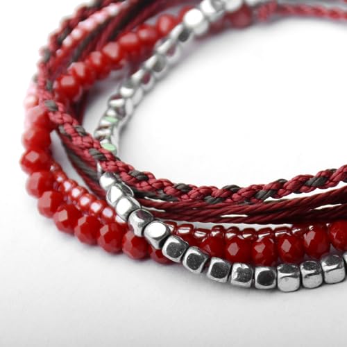 Mezcla Vida Handmade Waterproof Rope Bracelets Pack String & Beaded Bracelet Stack - Set of 5 Stackable Bracelets For Women, Summer Accessories & Bohemian Bracelets for Teen Girls - color: Dark Red
