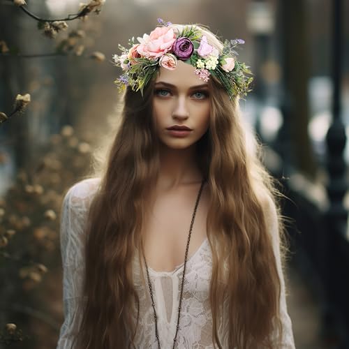Vivivalue Women Floral Crown Boho Flower Headband Hair Wreath Floral Headpiece Halo with Ribbon Wedding Party Festival Photos - color: 51