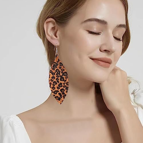 Large Genuine Soft leaf Leather Handmade Fringe Tassel Feather Lightweight Tear Drop Dangle Color Earrings for Women - color: Leopard