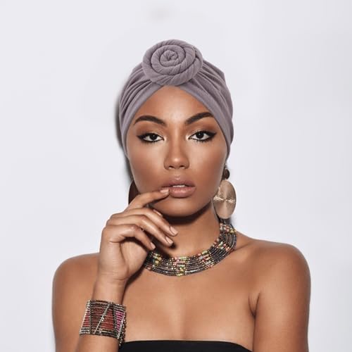 DRESHOW 5 Pack Knotted Headwraps for Women African Turban Pre-Knotted Beanie Headwraps Hair Covers - color: 5 Pack Donuts: White/Tan/Pink/Grey/Black
