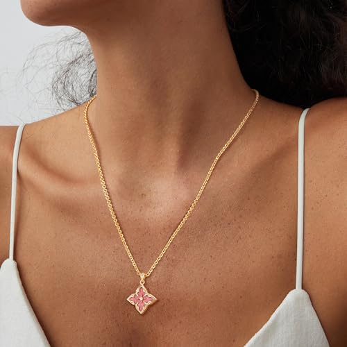 Fettero Gold Clover Necklace for Women Dainty 14K Gold Plated CZ Pendant Necklace Adjustable Chain Choker Charm Colorful Clover Pendant Lucky Necklaces for Women Jewelry - color: Pink Rhodonit