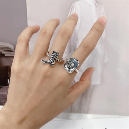 NewZenro 3PCS Western Cowboy Stacking Rings Set for Women Men Vintage Boho Cowgirl Hat Boot Horseshoe Stackable Statement Finger Band Rings Comfort Fit Country Concert Party Holiday Jewelry Size 7 - color: Silver