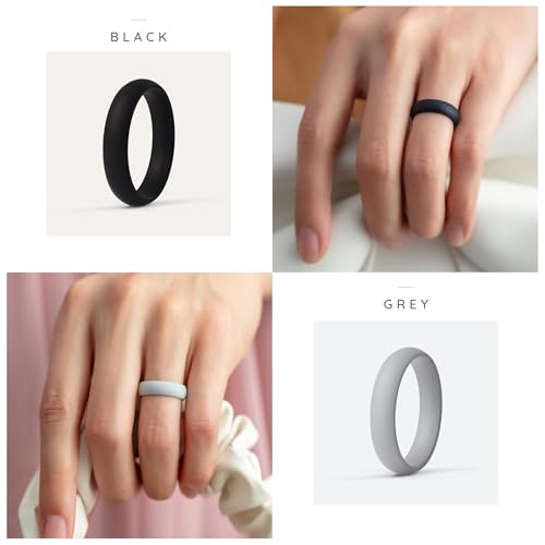 ThunderFit Silicone Bridal Rings Set for Women, 5.5mm Wide, 2mm Thick, Wedding Rubber Bands, Variety Multipack 1-12 - color: Pack A: Charcoal Black, Pure White, Concrete Grey, Coffee Beige, Nude Peach, size: 6.5 - 7 (17.35mm)