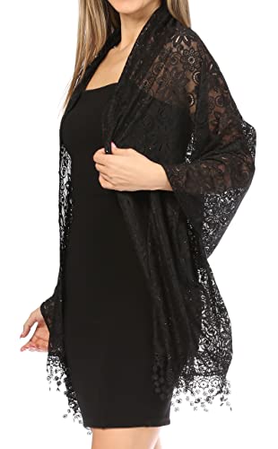 Sakkas Mari Women's Large Lightweight Soft Lace Scarf Wrap Shawl Floral and Fringe - color: Style8-black