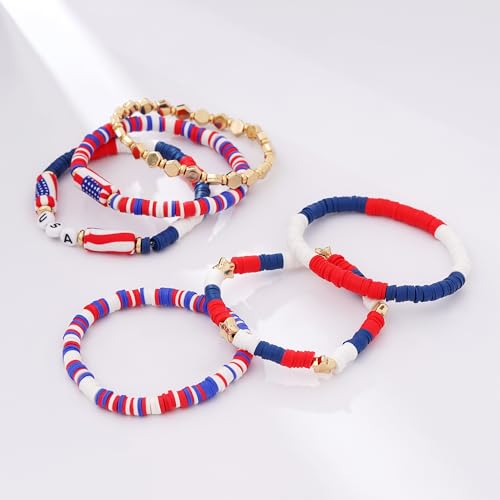 GOOJIDS Surfer Heishi Clay Bead Bracelets for Women Bohemian Stackable Gold Plated Beaded Stretch Bracelets Elastic Layering Friendship Bracelets Set Boho Jewelry - color: D-Flag 2