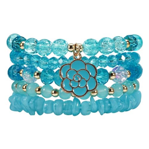 coadipress 5Pcs Bohemian Flower Stackable Bead Bracelets for Women Multilayer Crystal Glass Beaded Charm Bangles Bracelet Boho Summer Beach Hawaii Holiday Statement Jewelry - color: Blue