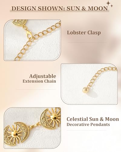 AWAYTR Chain Belt for Women – Adjustable Boho Metal Waist Chain Belt Gold Sliver for Dresses Jeans Country Concert Outfit - color: Gold-sun & Moon