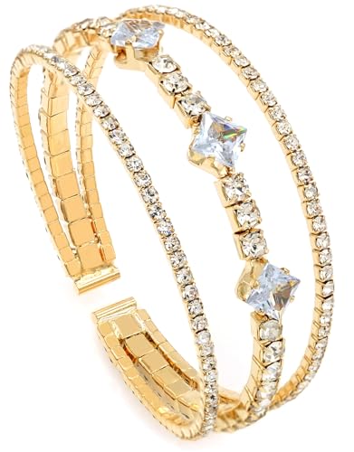 Women's Multi-Layer Rhinestone Cuff Bracelet Sparkling Crystal Tennis Bangle for Bridal Wedding Party - color: 1146 Gold