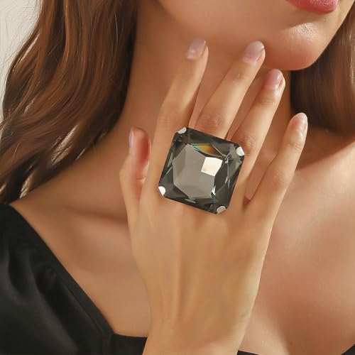 Large Different Color Square Sparking Rhinestone Ring, Exaggerated Vintage Geometric Crystal Glass Rings for Women Oversized Big Chic Party Jewelry Gift - color: Black