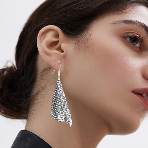 Sequin Earrings for Women Metal Mesh Grid Sequins Tassel Long Drop Dangle Earrings Trendy Charms Bridal Wedding Jewelry - color: Silver