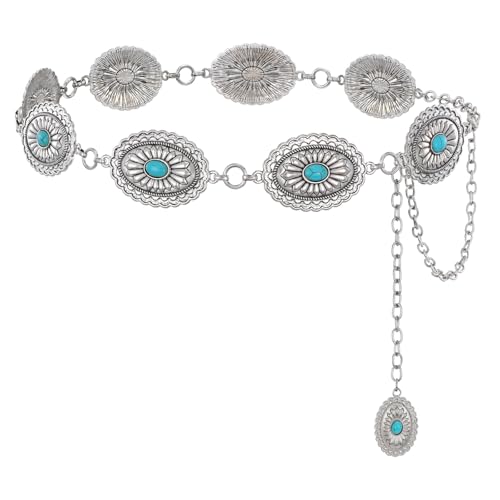 XZQTIVE Women Boho Chain Belts For Dresses Jeans Western Cowgirl Waist Links Belt Adjustable Metal Concho Belt - size: Fit Waist upto 36inches, style: Matte Turquoise Silver