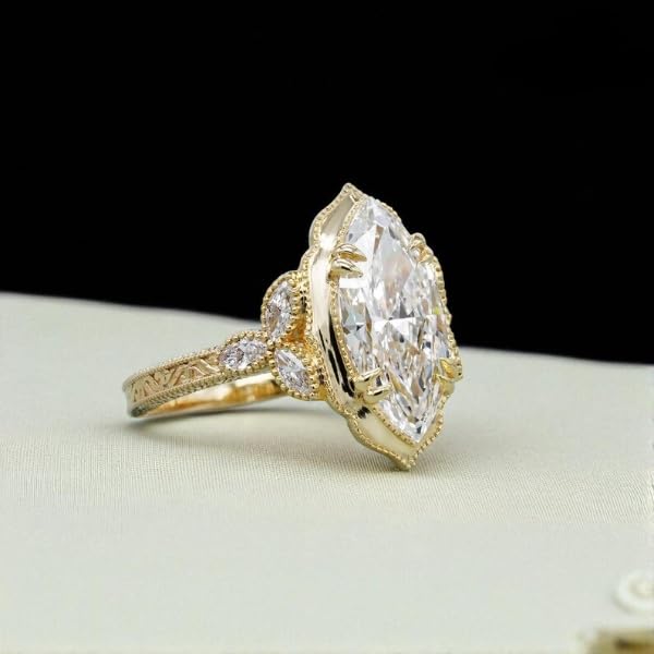 Silvart 3 Ct Marquise Cut Diamond Antique Art Deco Cathedral Vintage Milgrain Floral Engagement Ring For Women 14K Yellow Gold Plated Engraving Wedding Bridal Ring 925 Sterling Silver Handmade Ring